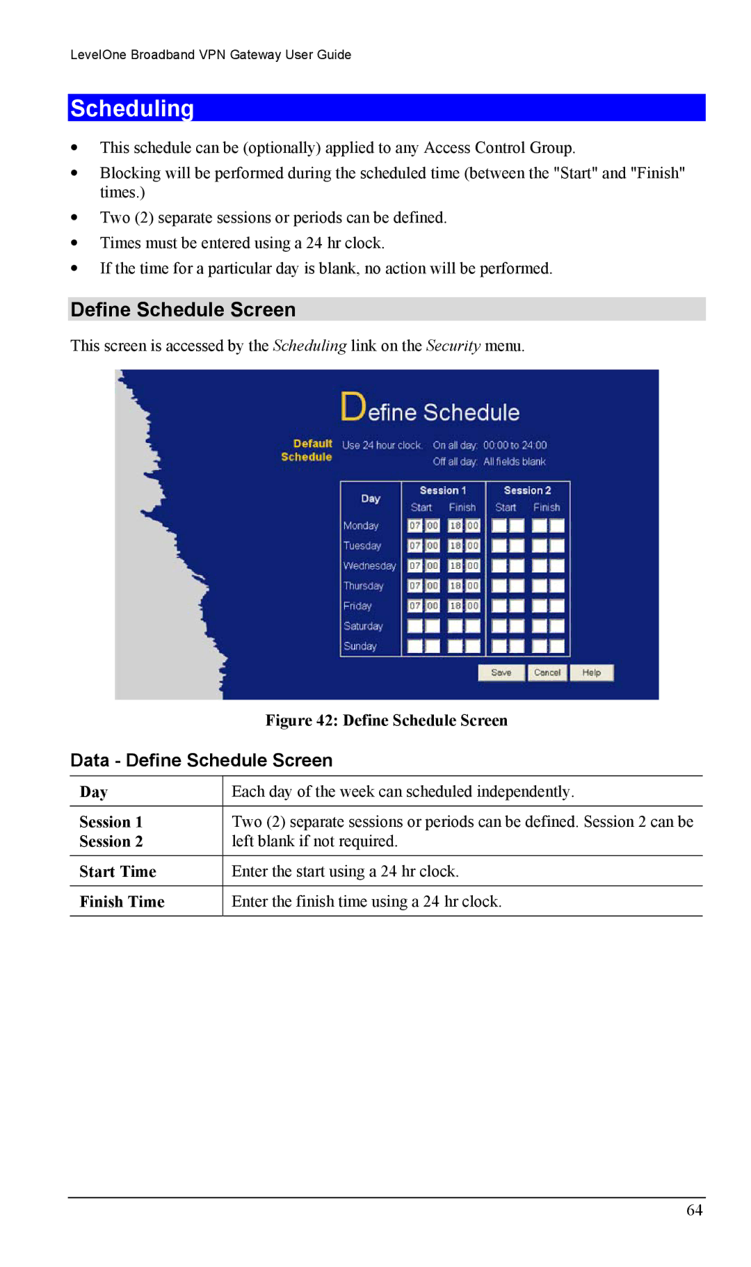 LevelOne FBR-1404TX user manual Scheduling, Data Define Schedule Screen 