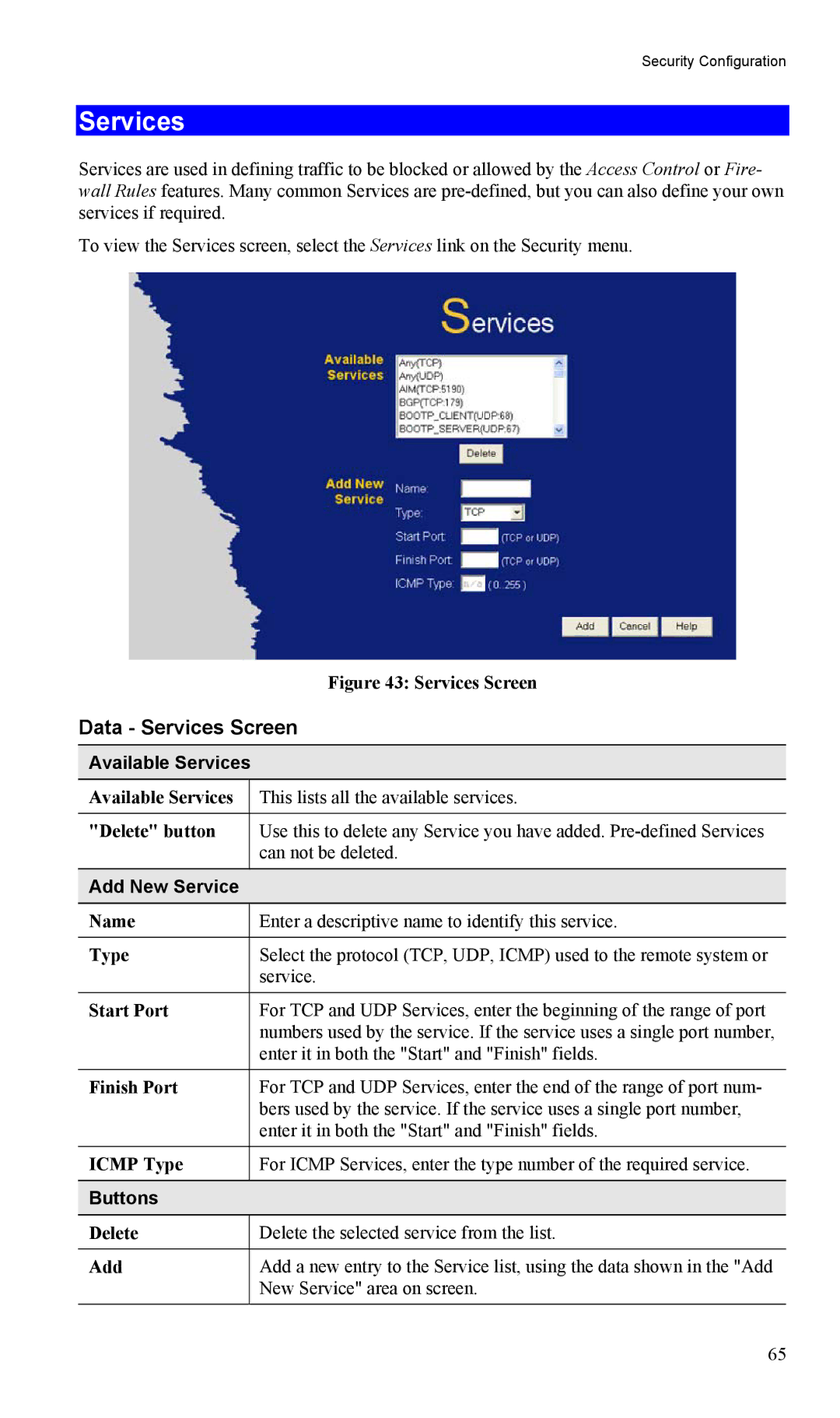 LevelOne FBR-1404TX user manual Data Services Screen, Available Services, Add New Service 