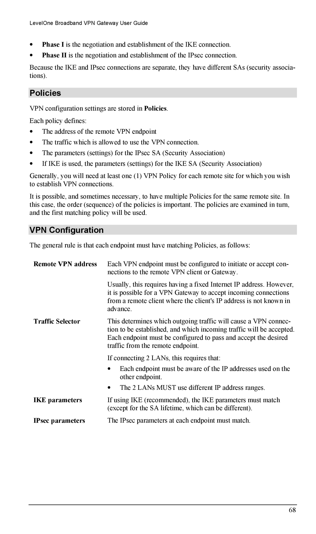 LevelOne FBR-1404TX user manual Policies, VPN Configuration 