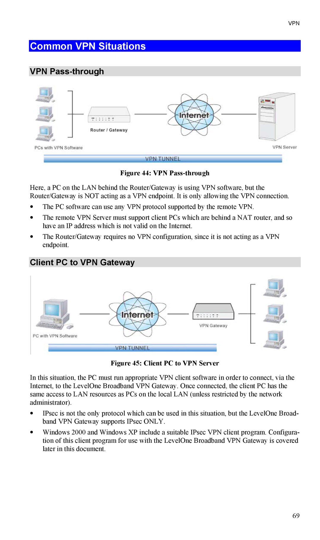 LevelOne FBR-1404TX user manual Common VPN Situations, VPN Pass-through, Client PC to VPN Gateway 