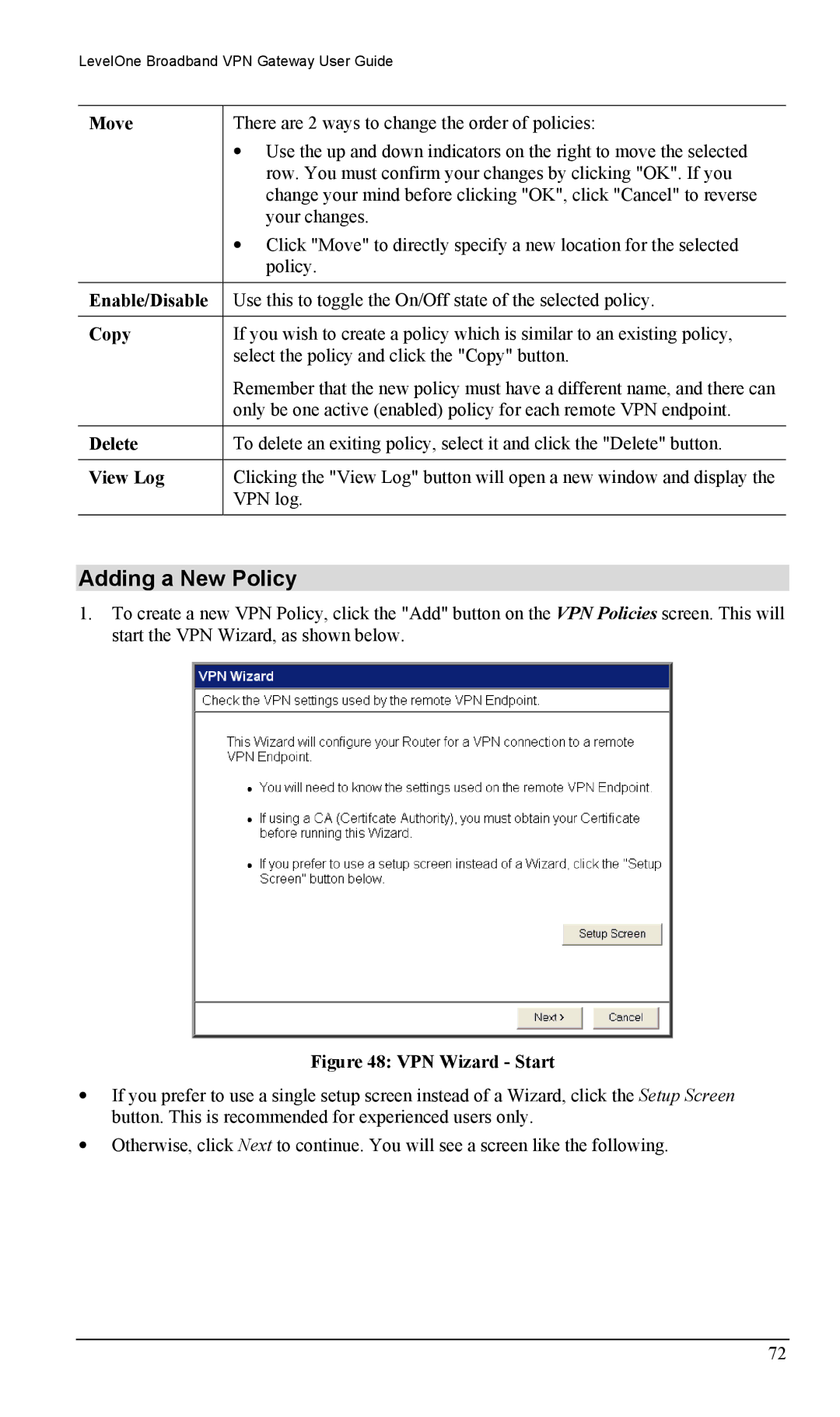 LevelOne FBR-1404TX user manual Adding a New Policy, Enable/Disable, Copy 