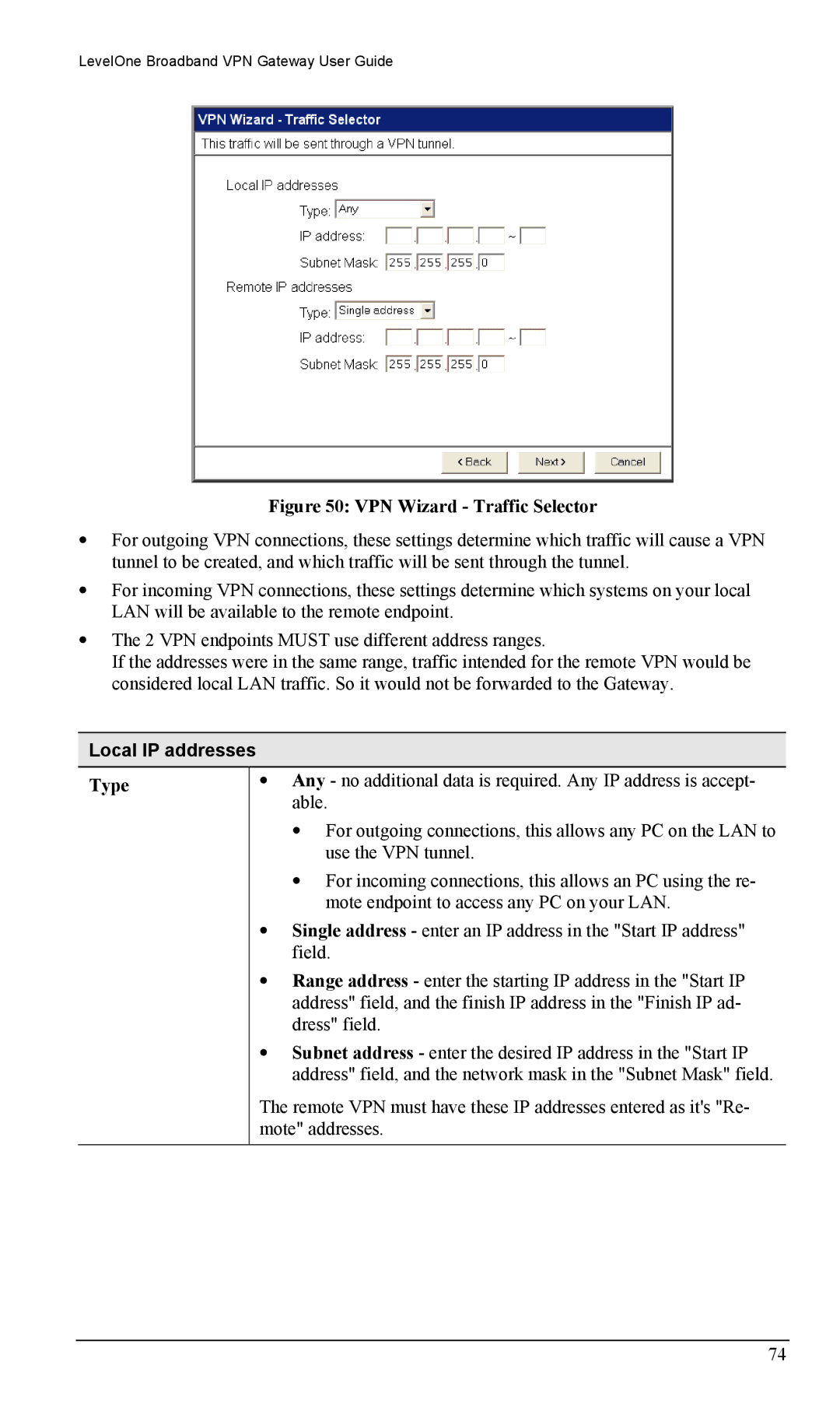 LevelOne FBR-1404TX user manual VPN Wizard Traffic Selector, Local IP addresses 