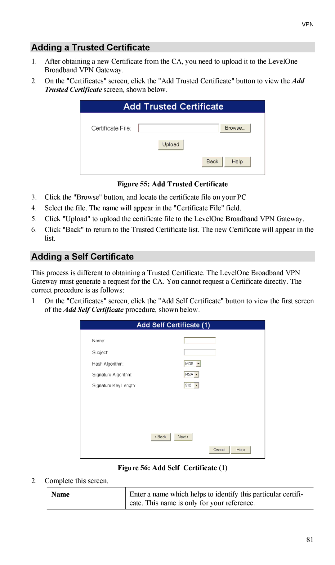 LevelOne FBR-1404TX user manual Adding a Trusted Certificate, Adding a Self Certificate 