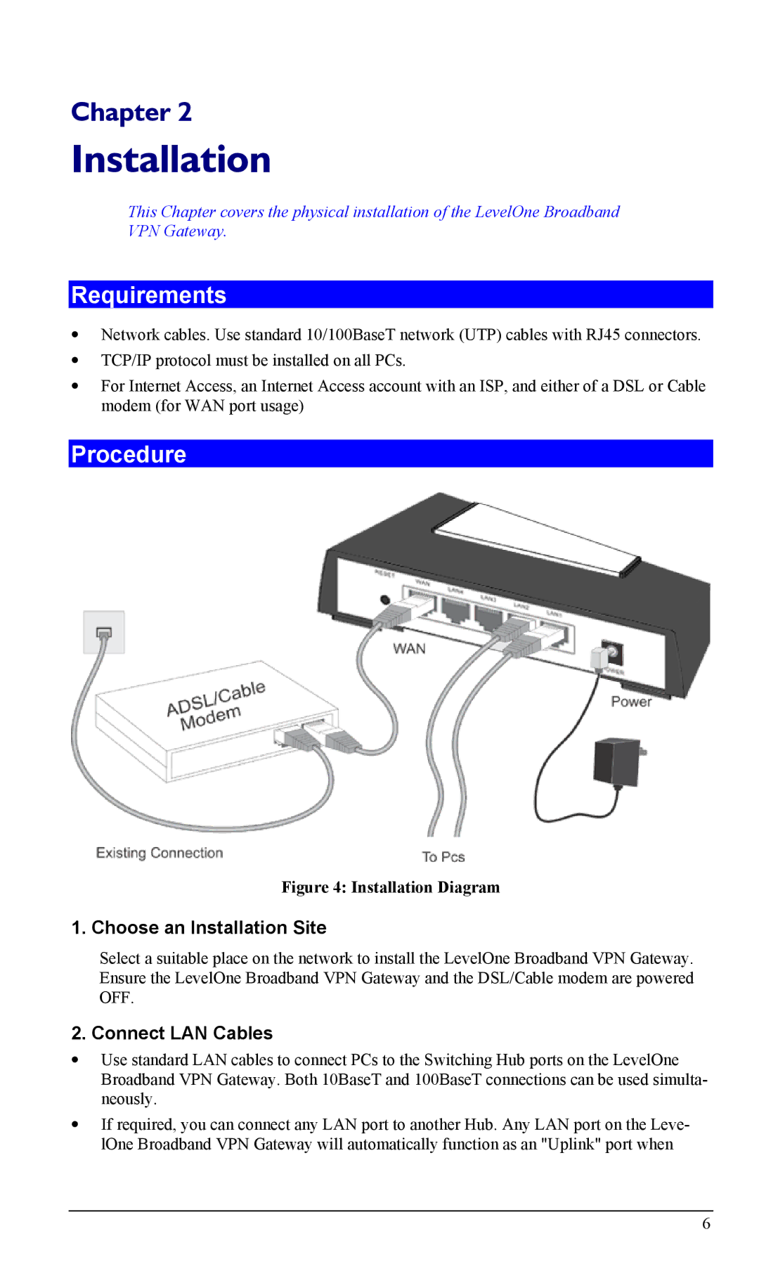 LevelOne FBR-1404TX user manual Requirements, Procedure, Choose an Installation Site, Connect LAN Cables 