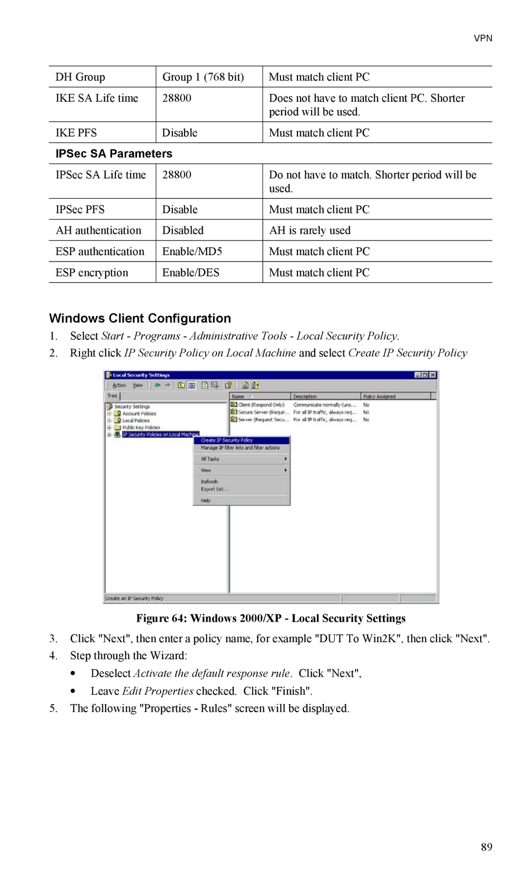 LevelOne FBR-1404TX user manual Windows Client Configuration, Windows 2000/XP Local Security Settings 