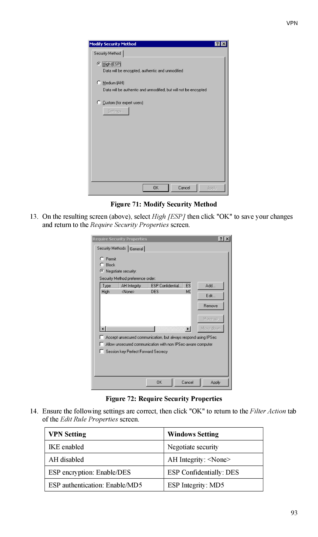 LevelOne FBR-1404TX user manual Modify Security Method, VPN Setting Windows Setting 