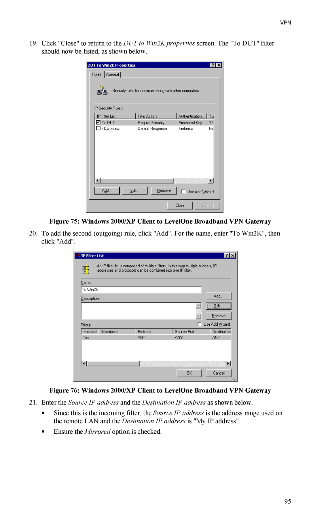 LevelOne FBR-1404TX user manual Windows 2000/XP Client to LevelOne Broadband VPN Gateway 