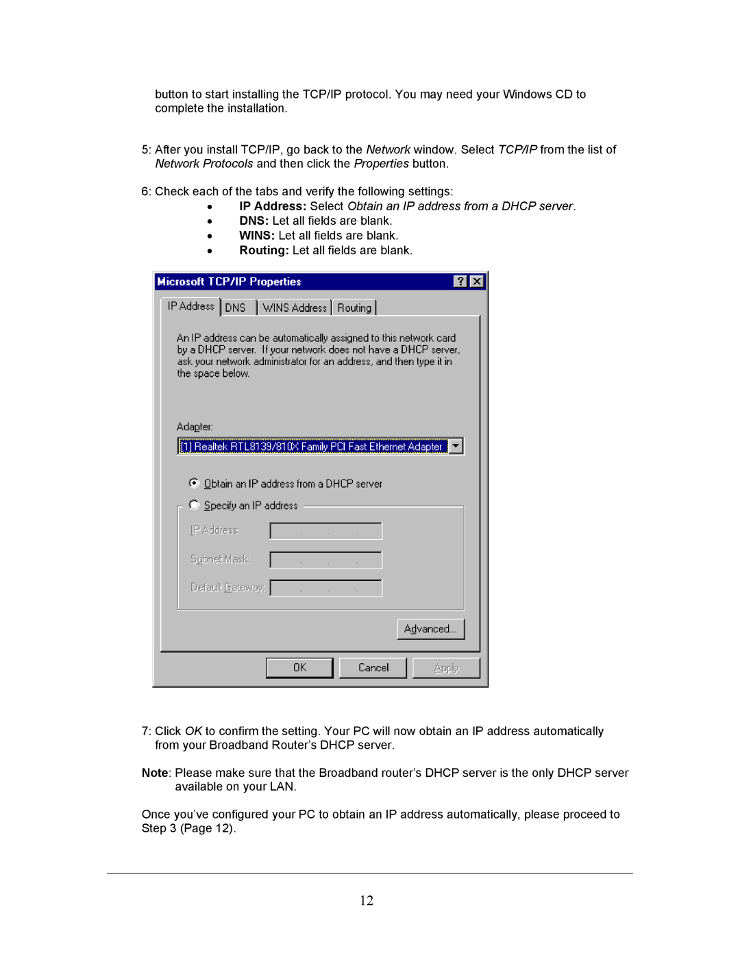 LevelOne FBR-1406TX manual IP Address Select Obtain an IP address from a Dhcp server 