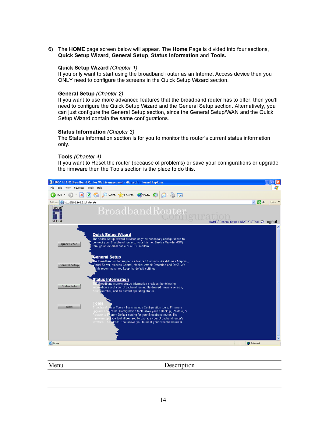 LevelOne FBR-1406TX manual Menu Description, Quick Setup Wizard Chapter, General Setup Chapter, Status Information Chapter 