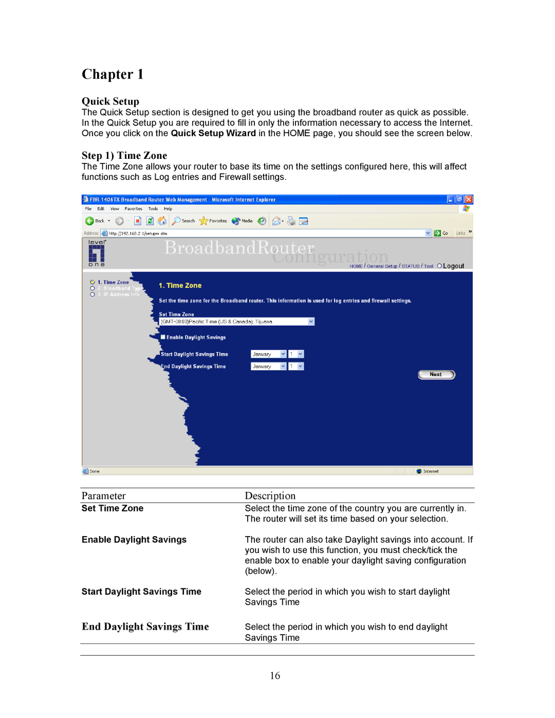 LevelOne FBR-1406TX manual Quick Setup, Time Zone, Parameter Description, End Daylight Savings Time 