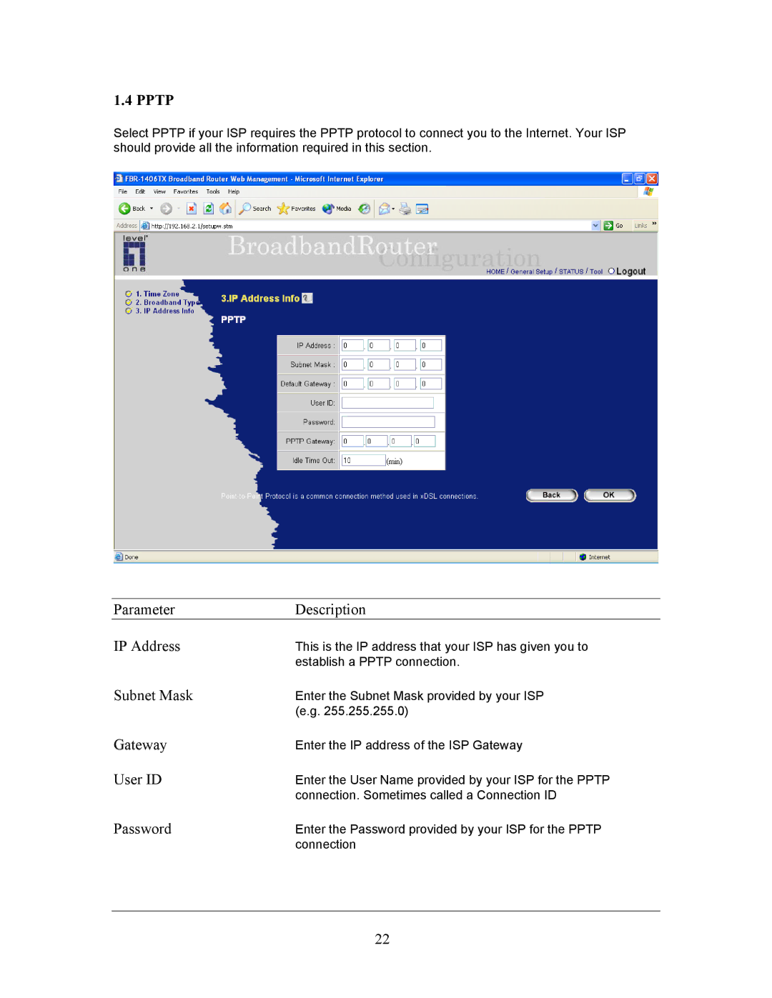 LevelOne FBR-1406TX manual Parameter Description IP Address, Gateway, User ID 