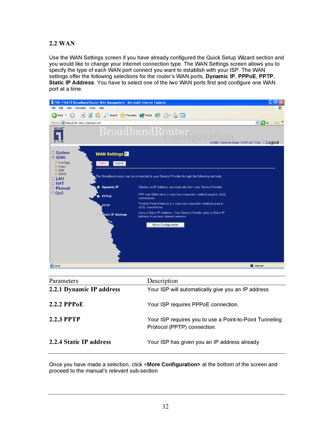 LevelOne FBR-1406TX manual Wan, Dynamic IP address, Static IP address 