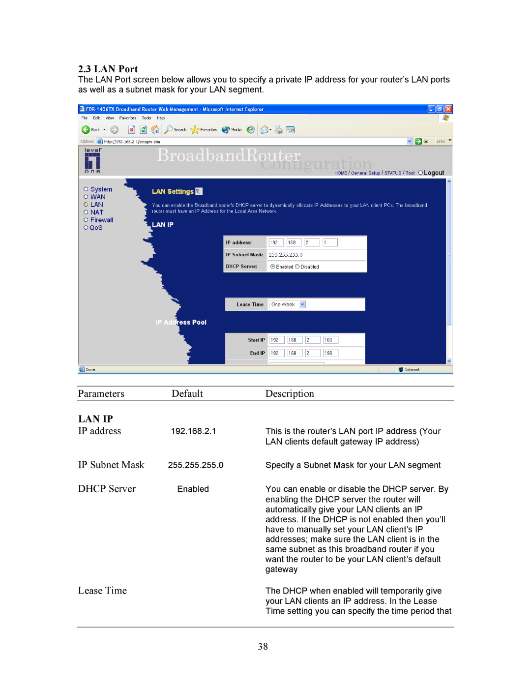 LevelOne FBR-1406TX manual LAN Port, Parameters Default Description, IP Subnet Mask, Dhcp Server, Lease Time 