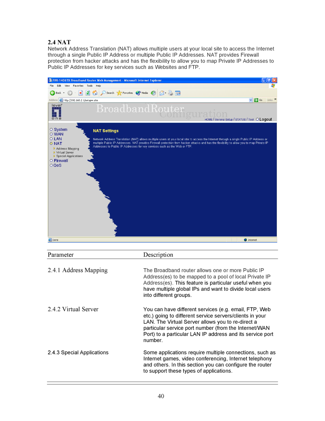 LevelOne FBR-1406TX manual Nat, Parameter Description Address Mapping, Virtual Server 