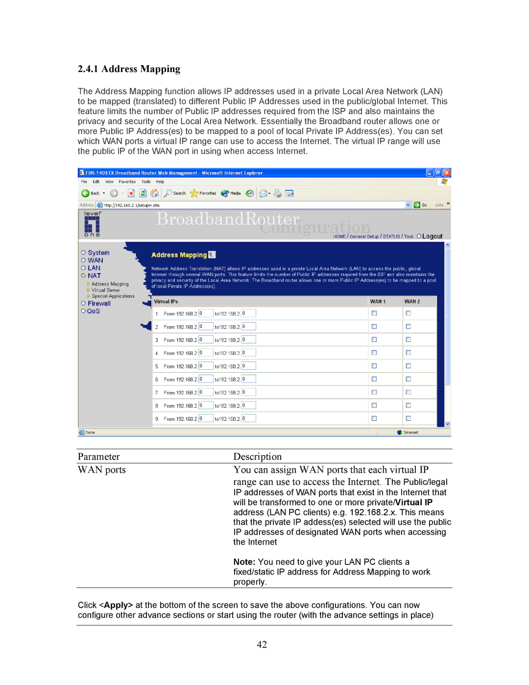 LevelOne FBR-1406TX manual Address Mapping 