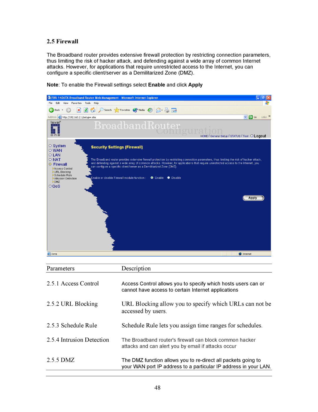 LevelOne FBR-1406TX manual Firewall, Parameters Description Access Control, 5 DMZ 