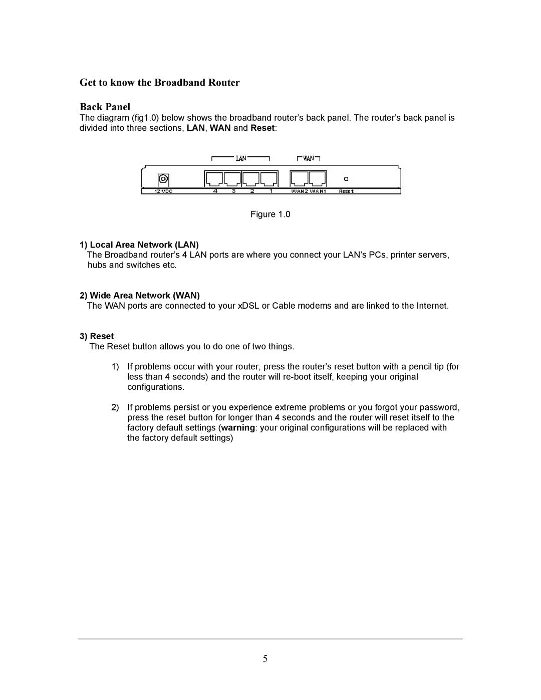 LevelOne FBR-1406TX Get to know the Broadband Router Back Panel, Local Area Network LAN, Wide Area Network WAN, Reset 