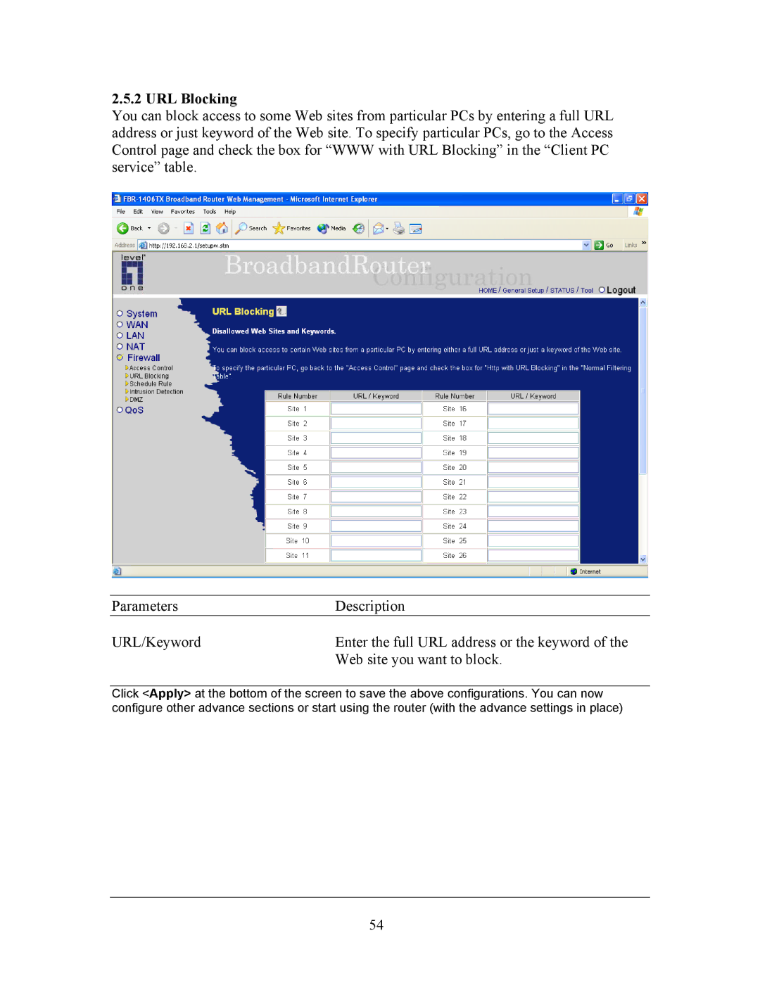 LevelOne FBR-1406TX manual URL Blocking 