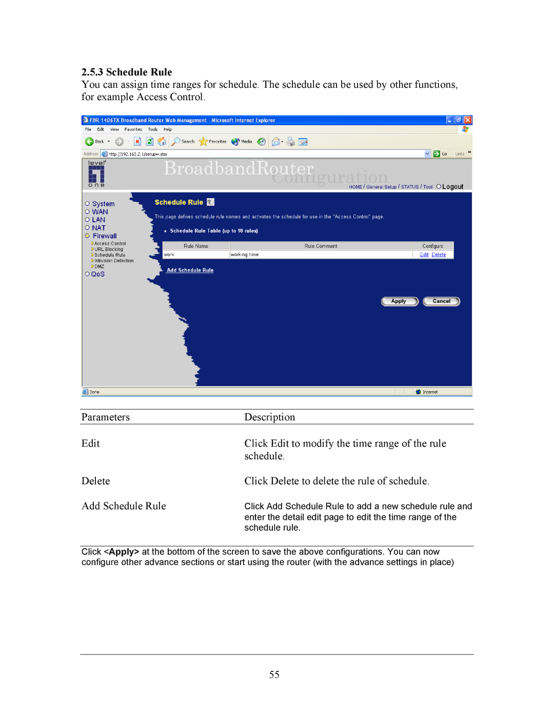 LevelOne FBR-1406TX manual Schedule Rule 