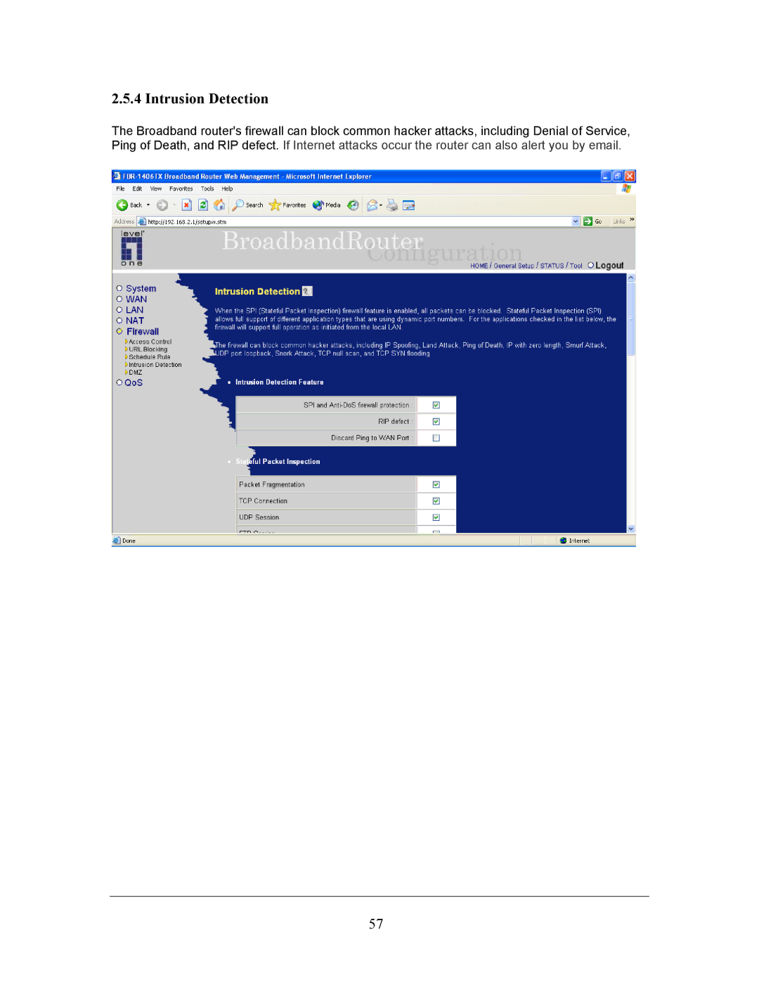 LevelOne FBR-1406TX manual Intrusion Detection 