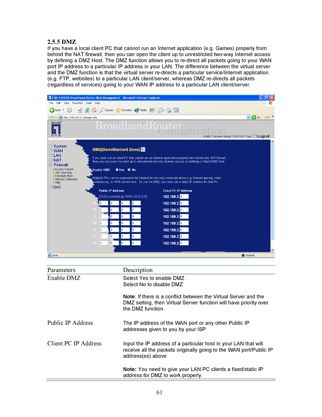 LevelOne FBR-1406TX manual 5 DMZ, Parameters Description Enable DMZ, Public IP Address, Client PC IP Address 