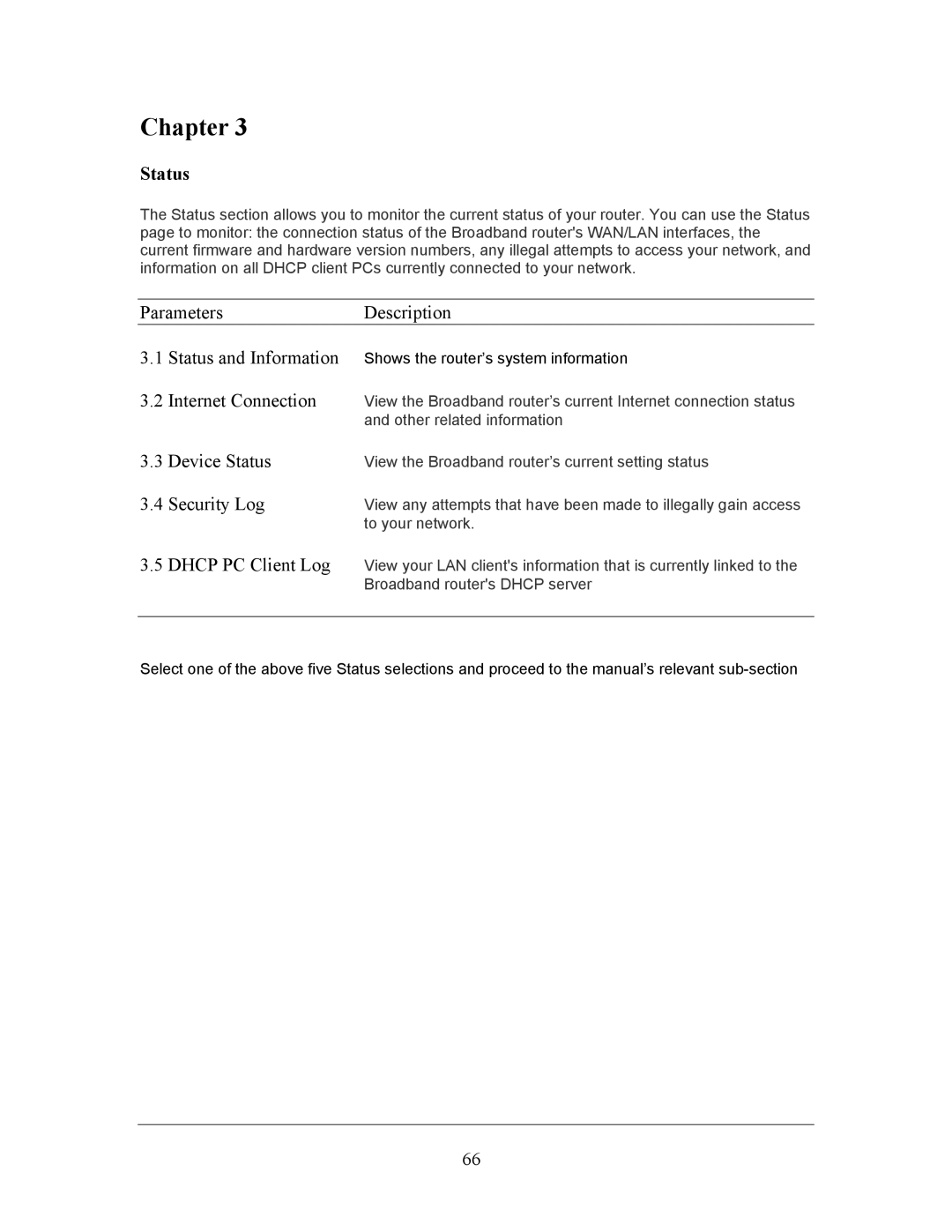 LevelOne FBR-1406TX manual ParametersDescription, Device Status, Security Log 