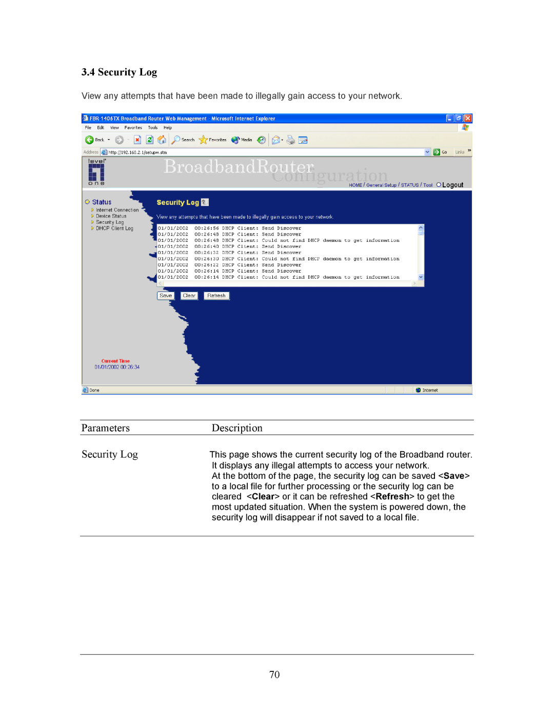 LevelOne FBR-1406TX manual Parameters Description Security Log 