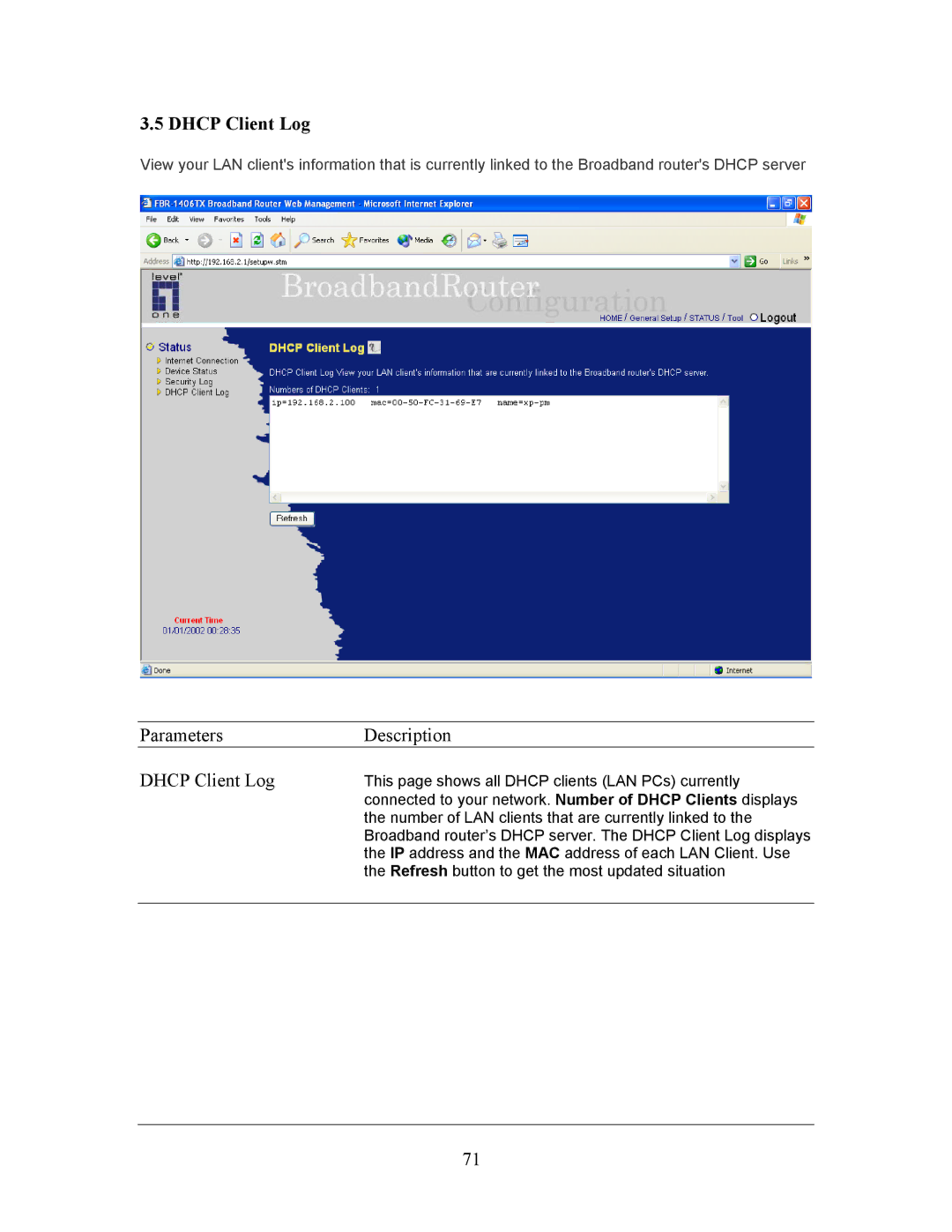 LevelOne FBR-1406TX manual Parameters Description Dhcp Client Log 