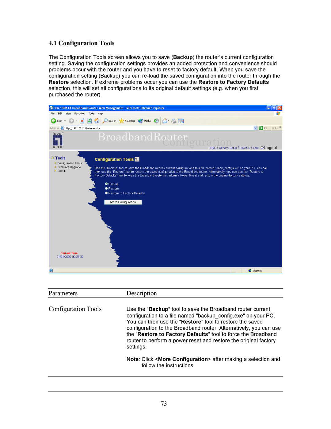 LevelOne FBR-1406TX manual Parameters Description Configuration Tools 