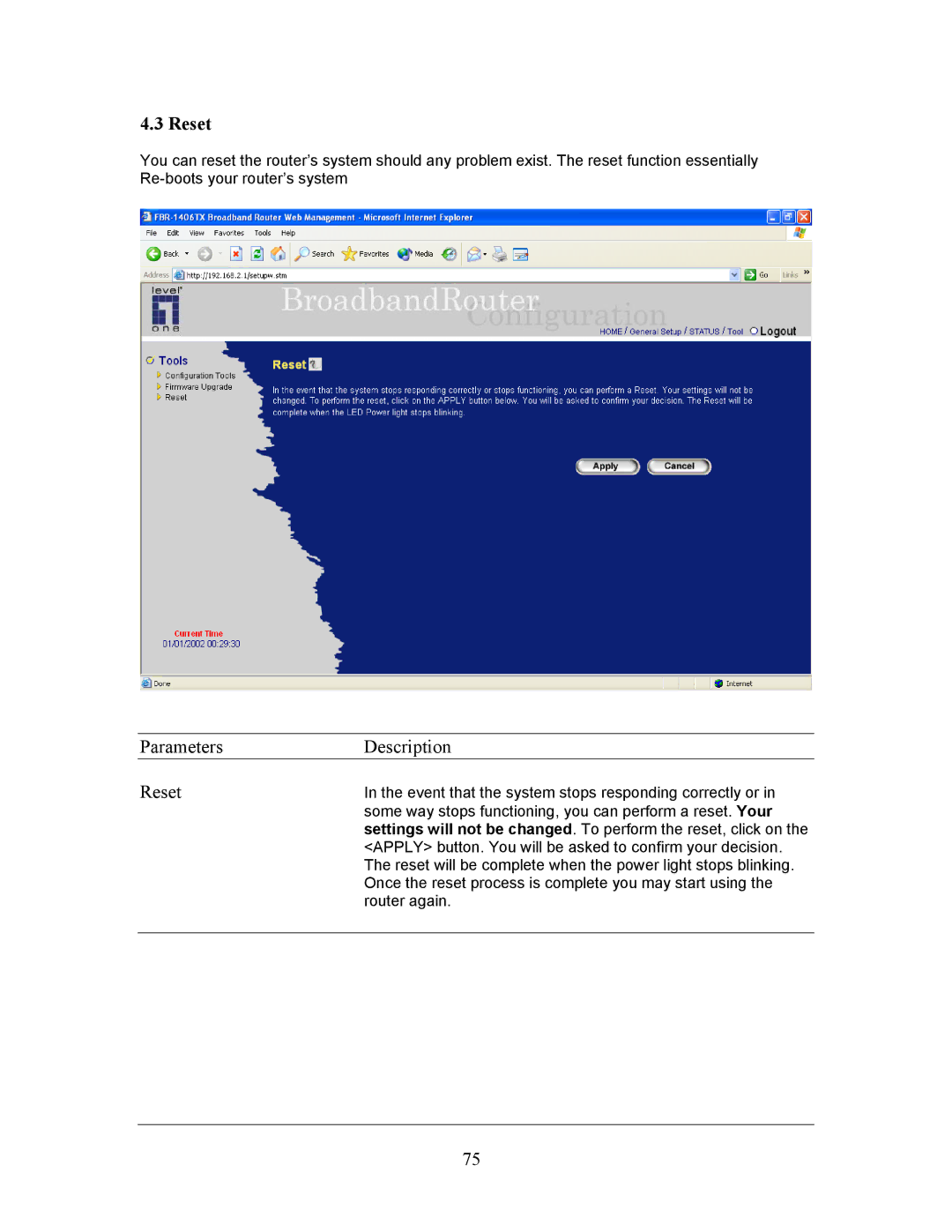 LevelOne FBR-1406TX manual Parameters Description Reset 