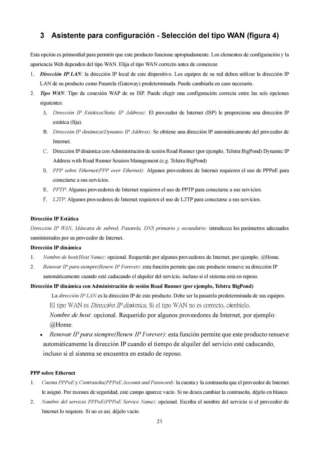 LevelOne FBr-1415TX Asistente para configuración Selección del tipo WAN figura, Dirección IP Estática, PPP sobre Ethernet 