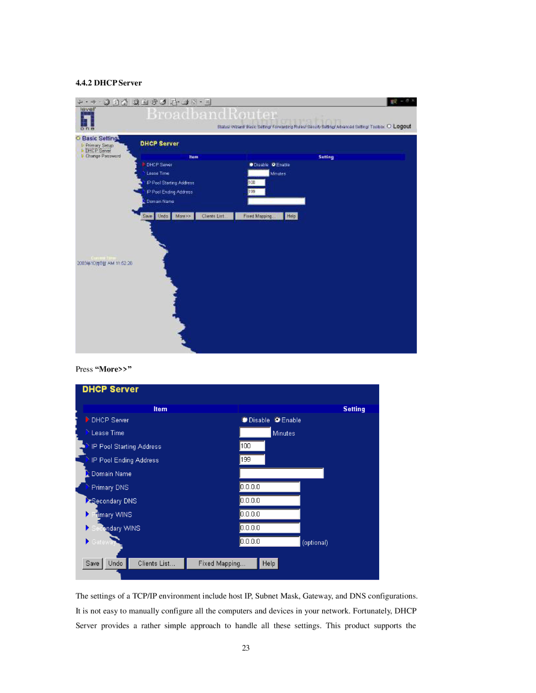 LevelOne FBr-1415TX user manual Dhcp Server Press More 