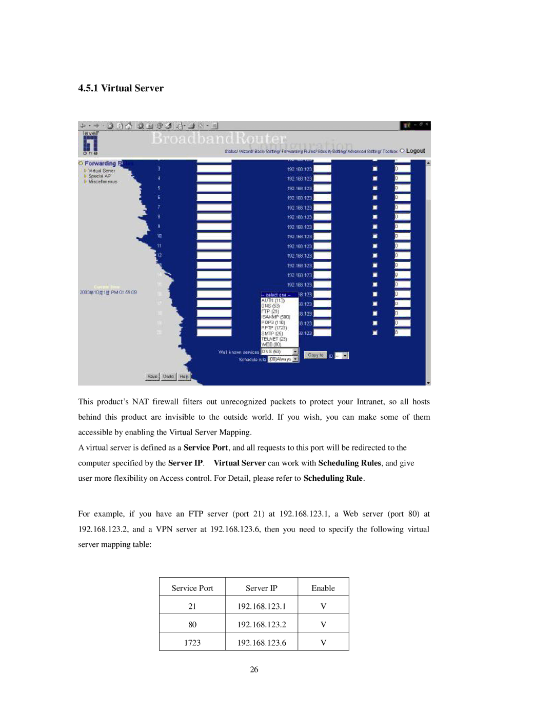 LevelOne FBr-1415TX user manual Virtual Server 