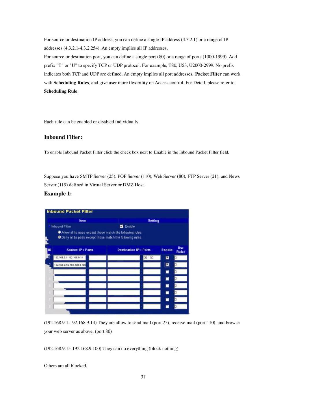 LevelOne FBr-1415TX user manual Inbound Filter, Example 