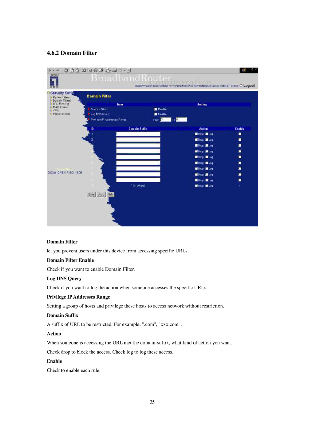 LevelOne FBr-1415TX user manual Domain Filter 