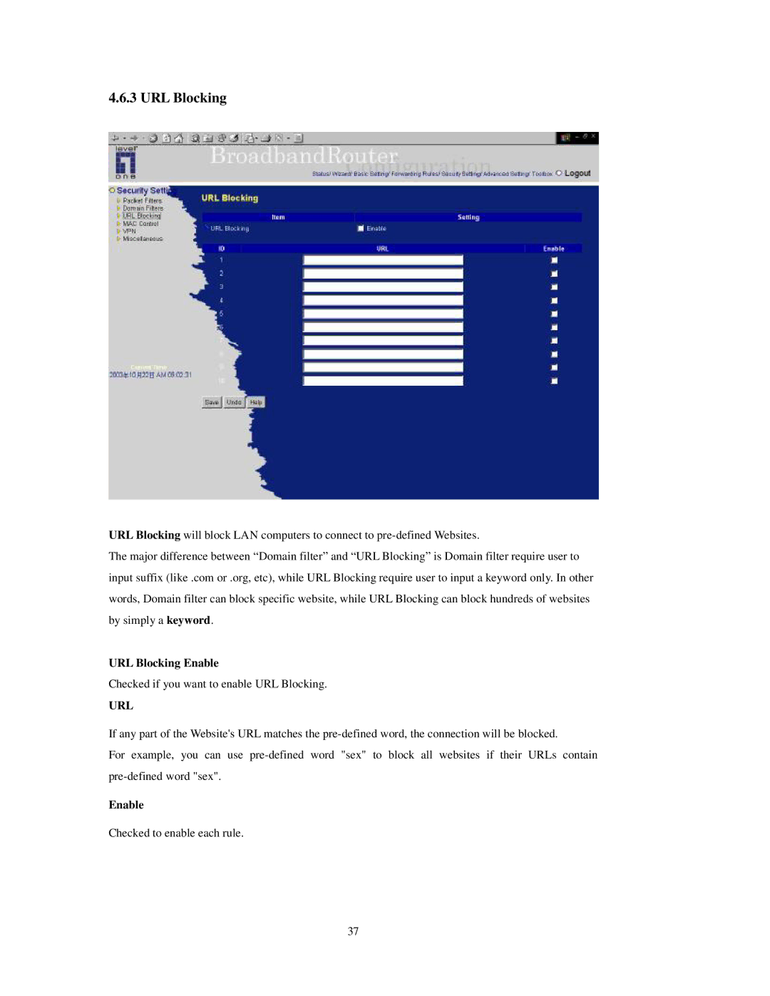 LevelOne FBr-1415TX user manual URL Blocking Enable 