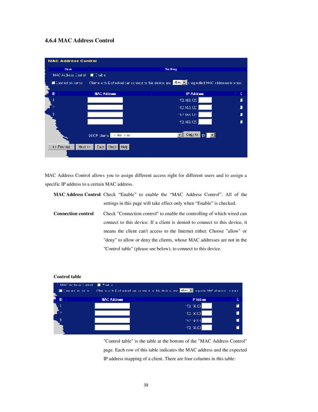 LevelOne FBr-1415TX user manual MAC Address Control, Control table 