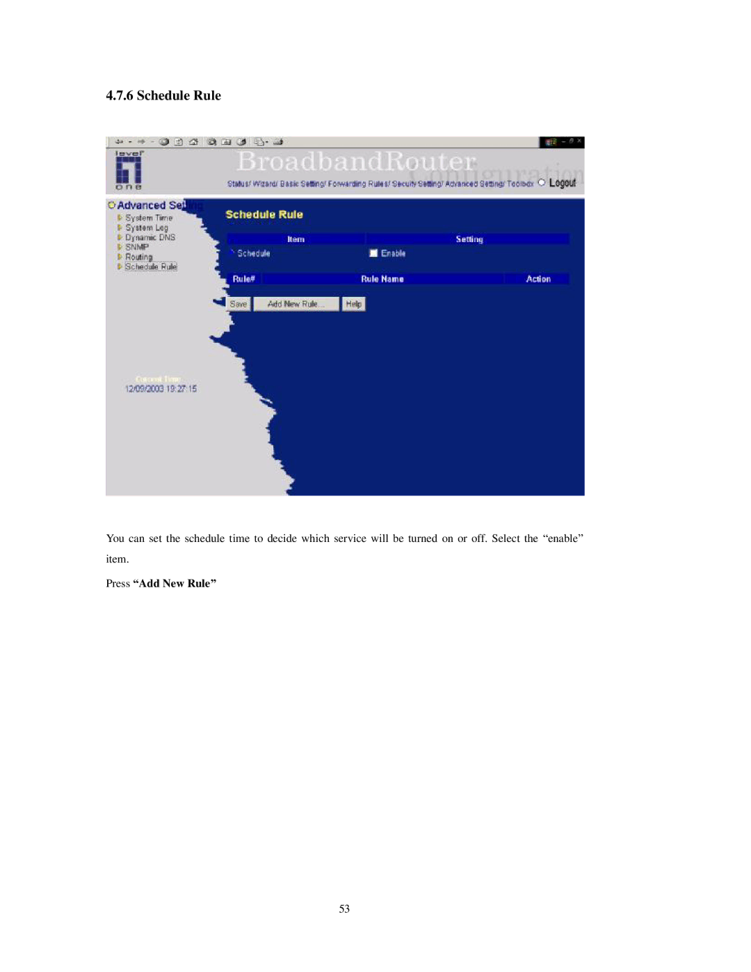 LevelOne FBr-1415TX user manual Schedule Rule, Press Add New Rule 