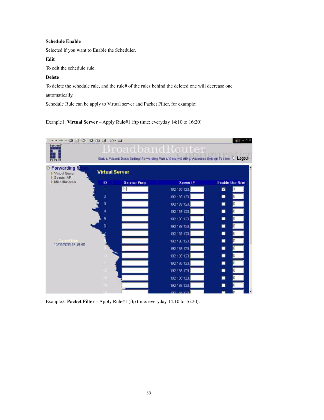 LevelOne FBr-1415TX user manual Schedule Enable, Edit, Delete 