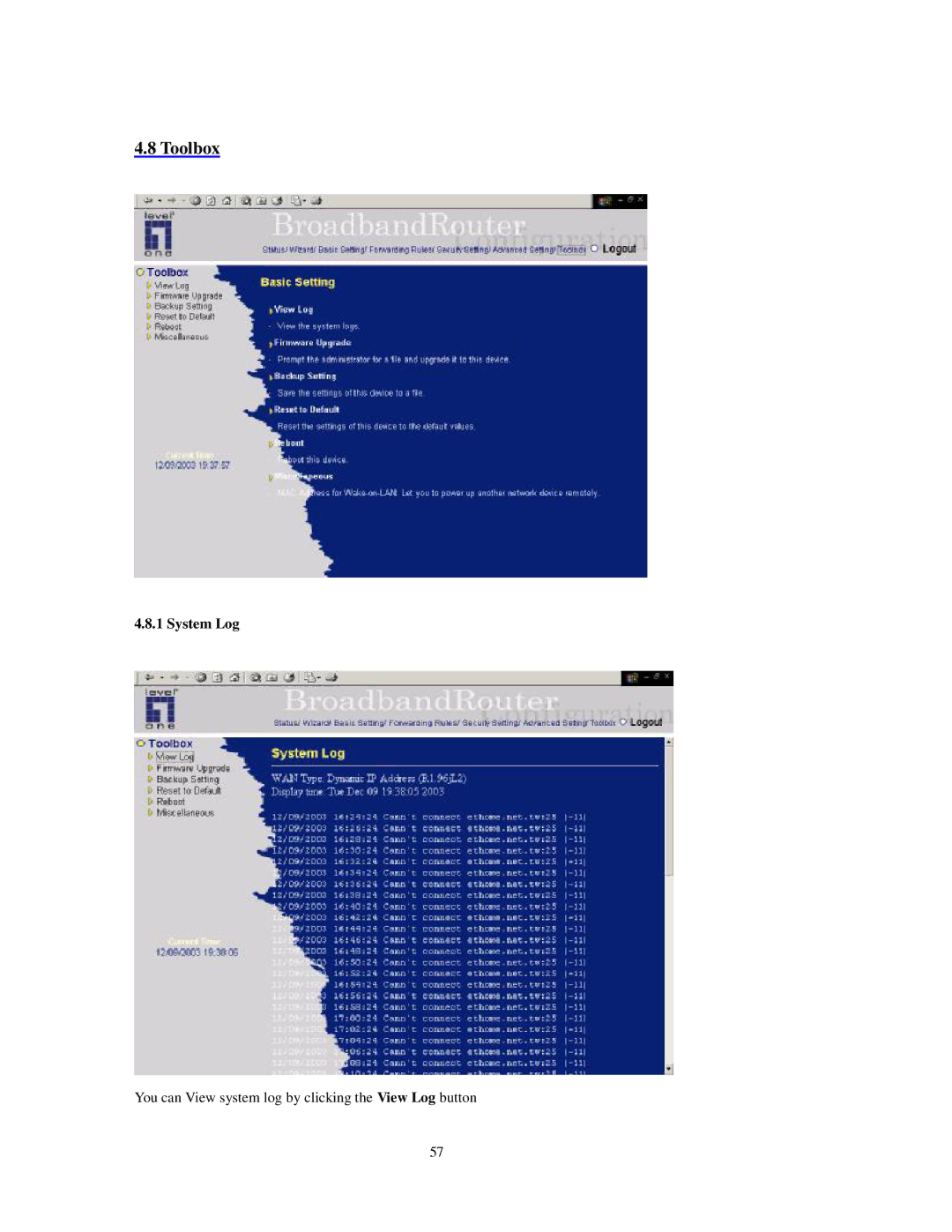 LevelOne FBr-1415TX user manual Toolbox, System Log 