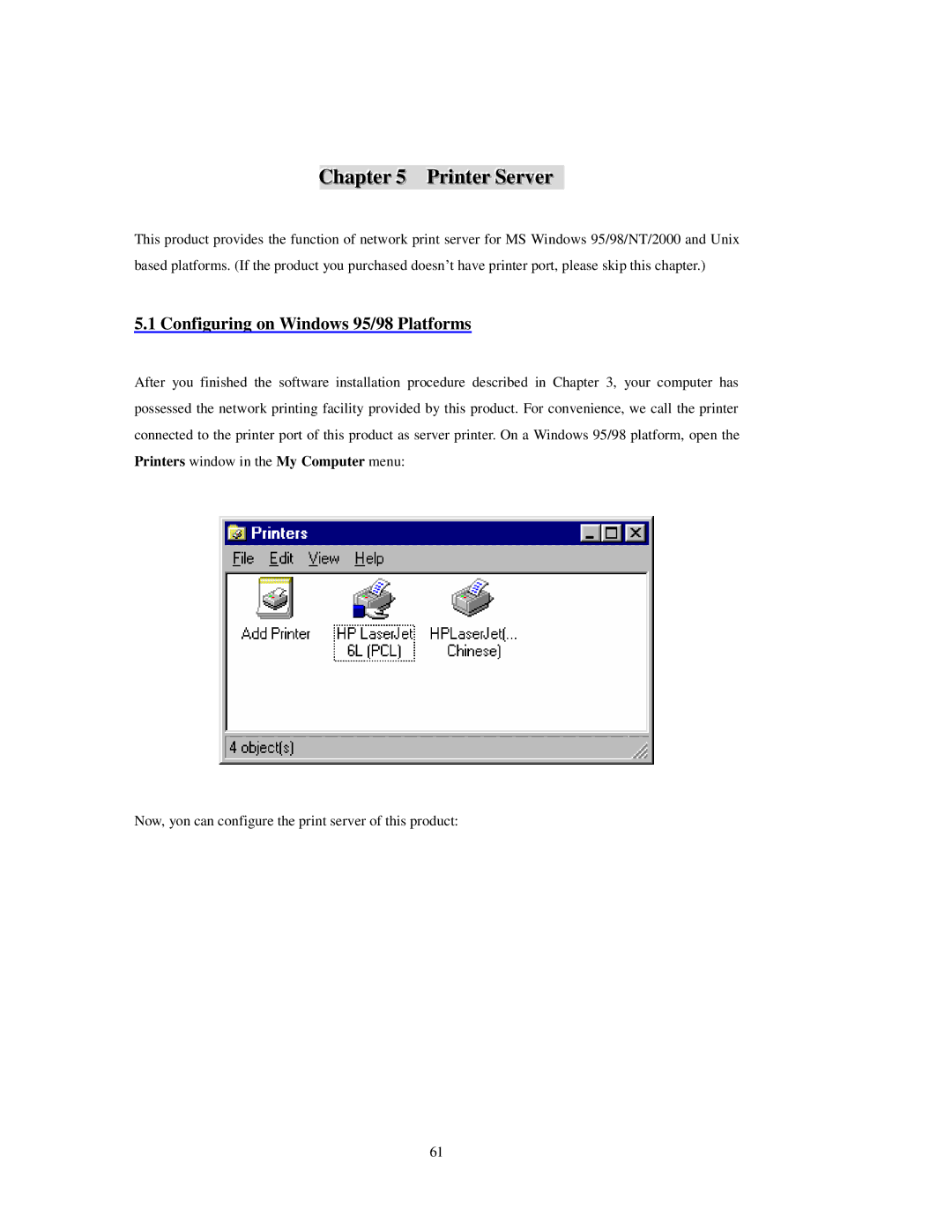 LevelOne FBr-1415TX user manual PrinterServer, Configuring on Windows 95/98 Platforms 