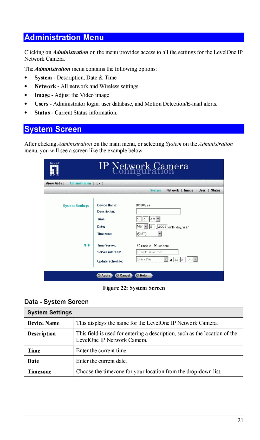 LevelOne FCS-1000, WCS-2000 user manual Administration Menu, Data System Screen, System Settings 