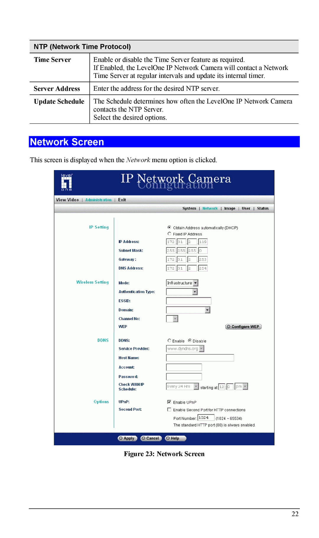 LevelOne WCS-2000, FCS-1000 Network Screen, NTP Network Time Protocol, Time Server, Server Address, Update Schedule 