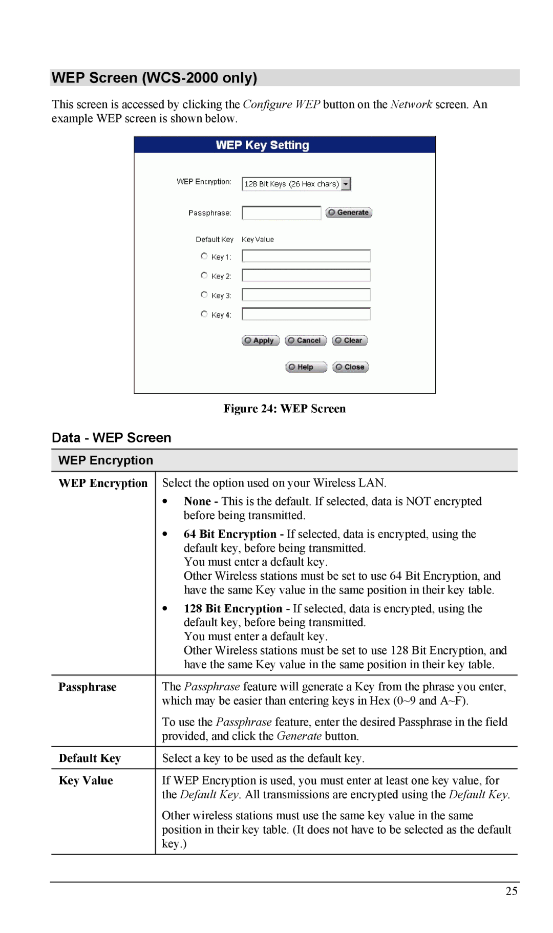 LevelOne FCS-1000 user manual WEP Screen WCS-2000 only, Data WEP Screen, WEP Encryption 