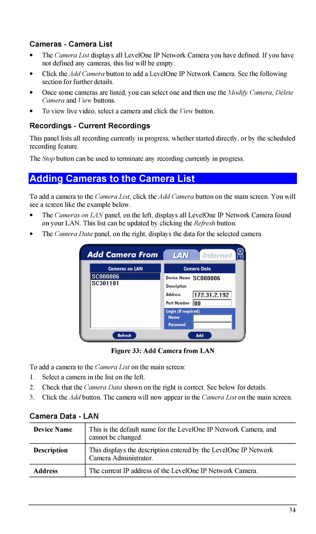 LevelOne WCS-2000 Adding Cameras to the Camera List, Cameras Camera List, Recordings Current Recordings, Camera Data LAN 