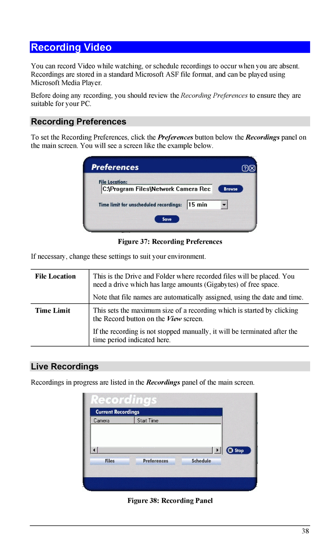 LevelOne WCS-2000, FCS-1000 user manual Recording Video, Recording Preferences, Live Recordings, Time Limit 