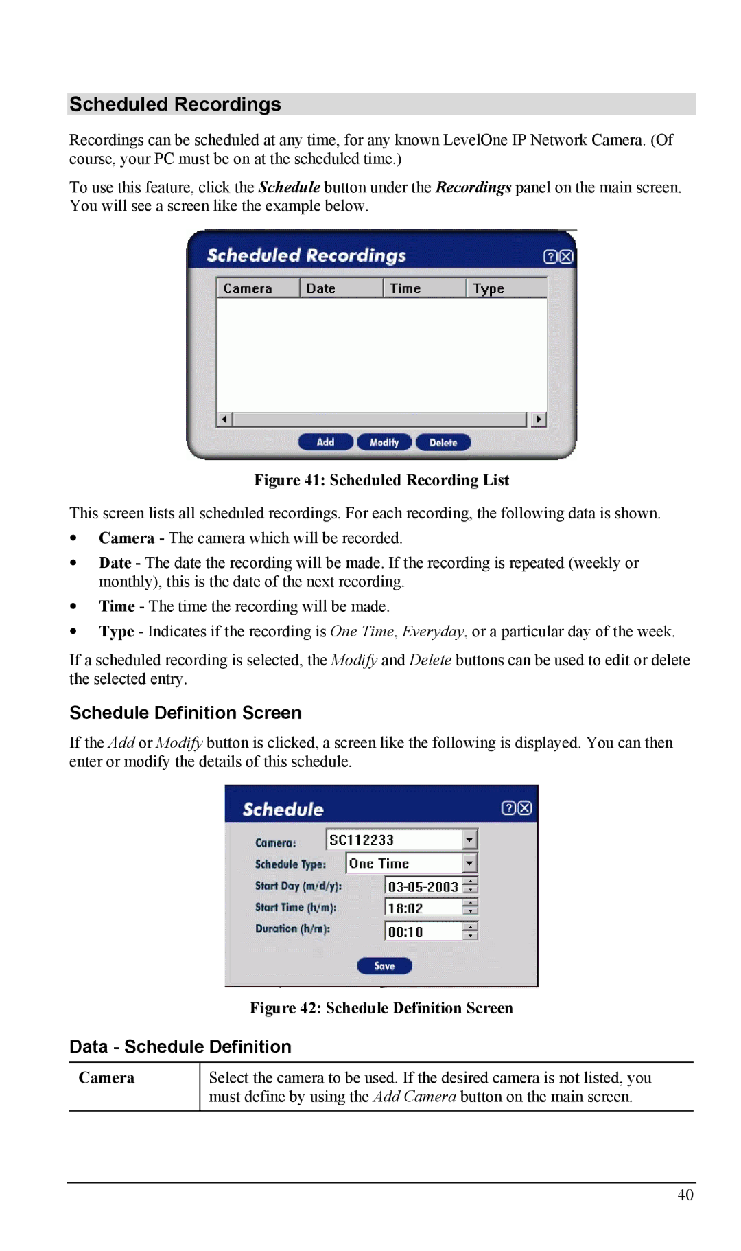 LevelOne WCS-2000, FCS-1000 user manual Scheduled Recordings, Schedule Definition Screen, Data Schedule Definition, Camera 