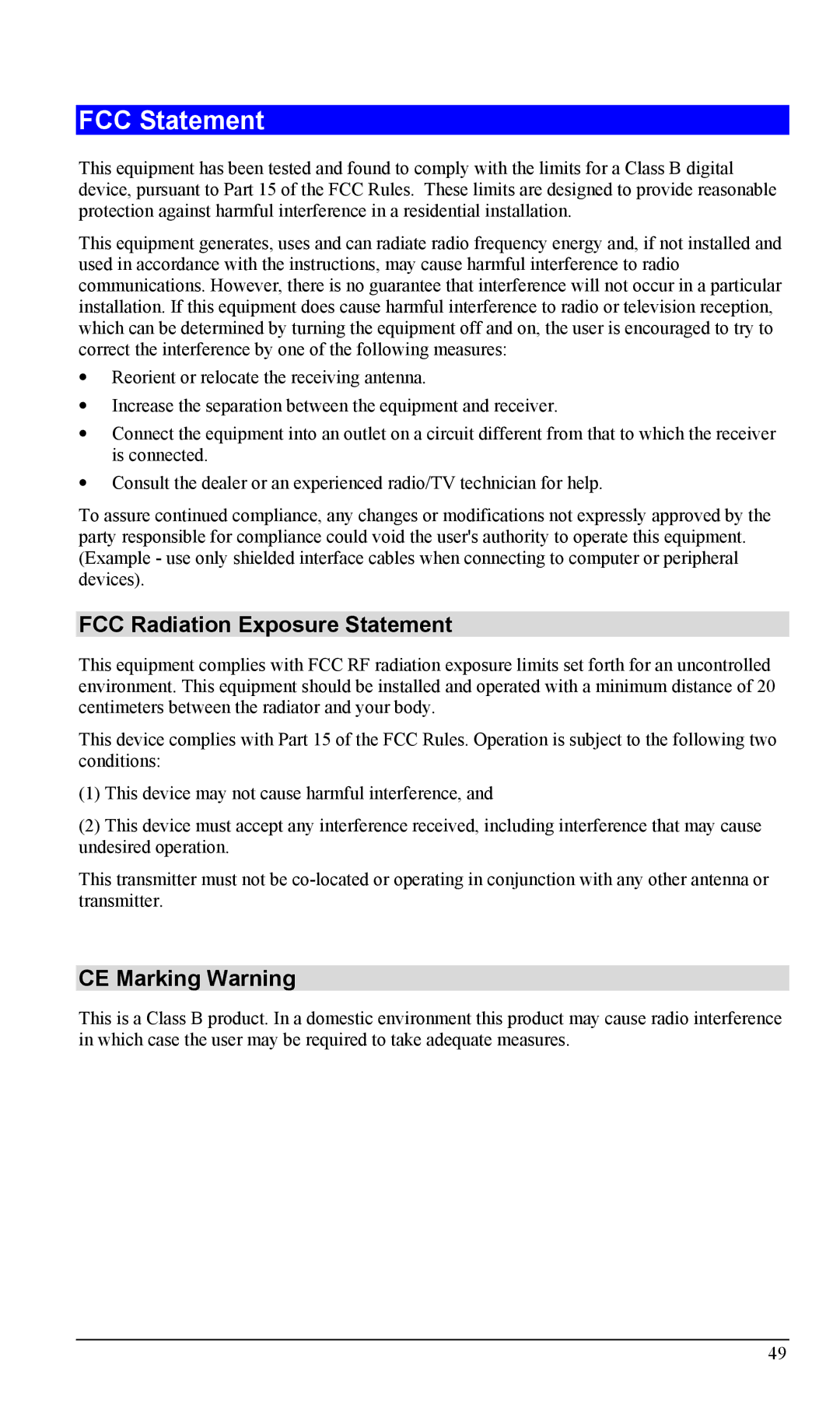 LevelOne FCS-1000, WCS-2000 user manual FCC Statement, FCC Radiation Exposure Statement, CE Marking Warning 