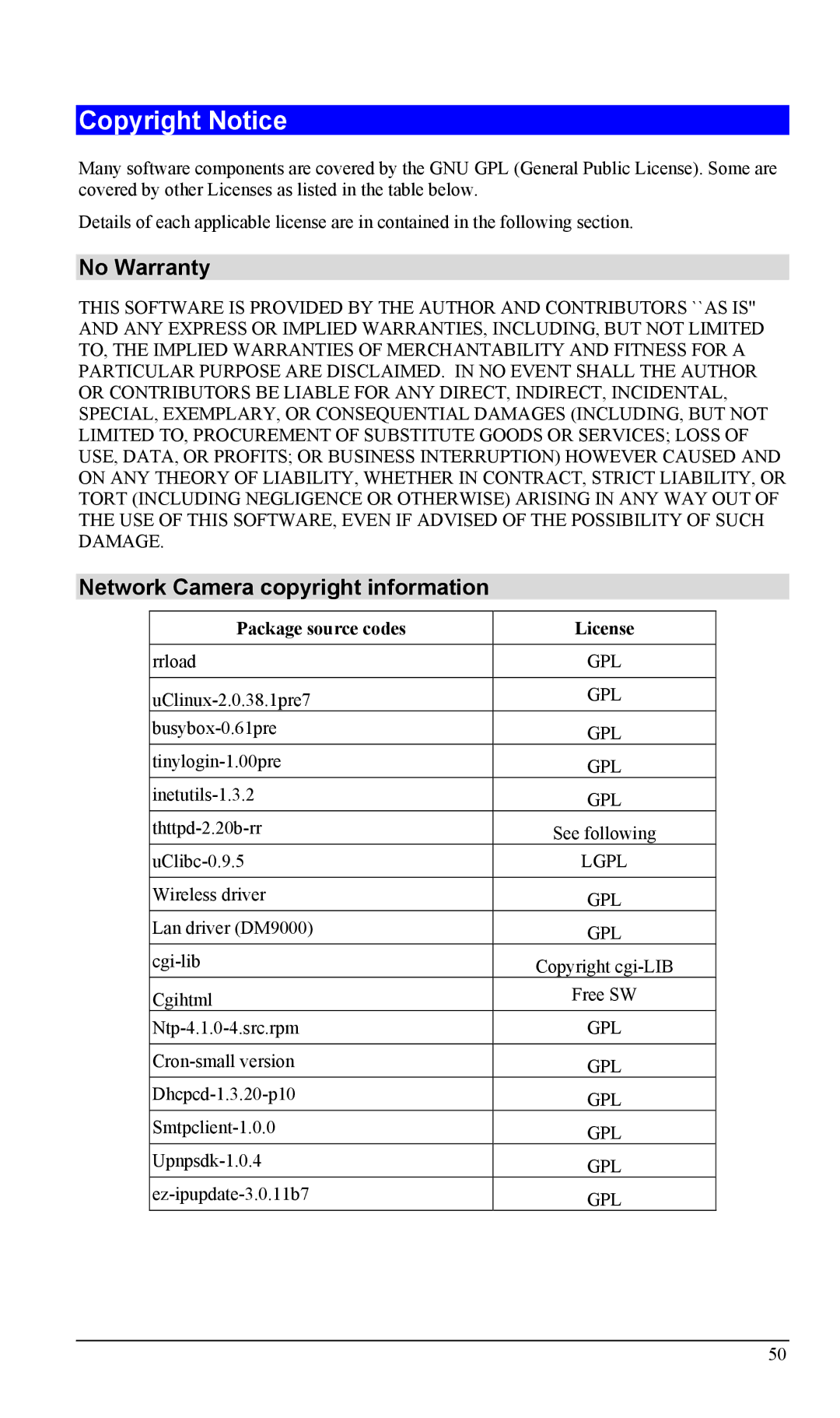 LevelOne WCS-2000 Copyright Notice, No Warranty, Network Camera copyright information, Package source codes License 