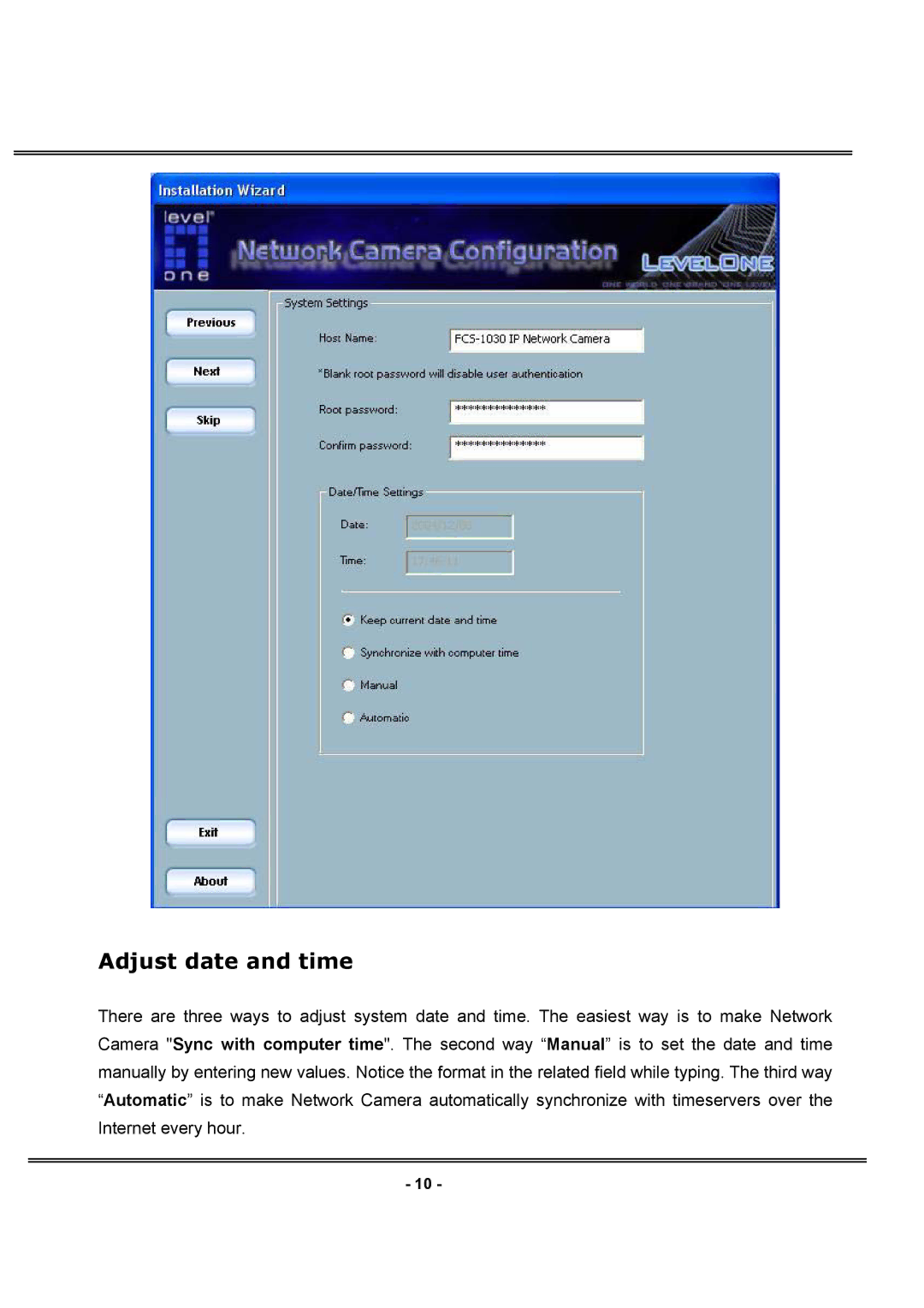 LevelOne FCS-1030 user manual Adjust date and time 